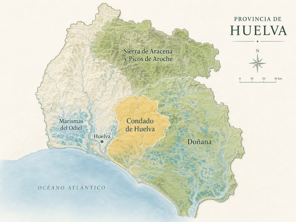 Mapa de la provincia de Huelva con el Condado entre la Sierra de Aracena, el Odiel y Doñana